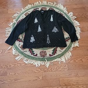 Designer Original Studio Joy Black Beaded Christmas Sweater Cardigan Size XL